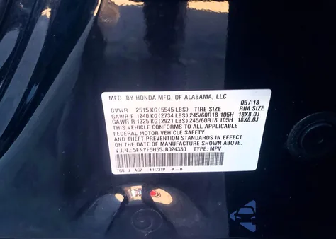 2018 Honda Pilot Exl из США, поврежденный, VIN 5FNYF5H55JB024330